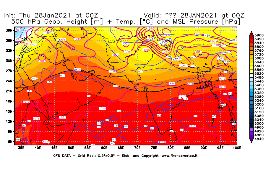 Mappa di analisi GFS - Geopotenziale [m] + Temp. [°C] a 500 hPa + Press. a livello del mare [hPa] in Asia Sud-Occidentale
									del 28/01/2021 00 <!--googleoff: index-->UTC<!--googleon: index-->