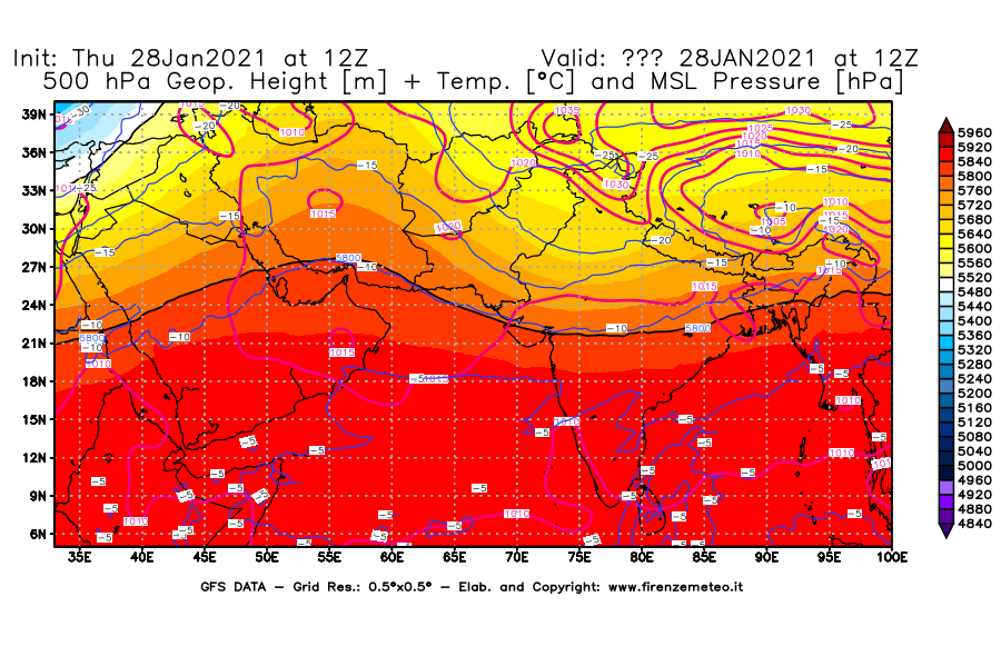 Mappa di analisi GFS - Geopotenziale [m] + Temp. [°C] a 500 hPa + Press. a livello del mare [hPa] in Asia Sud-Occidentale
									del 28/01/2021 12 <!--googleoff: index-->UTC<!--googleon: index-->
