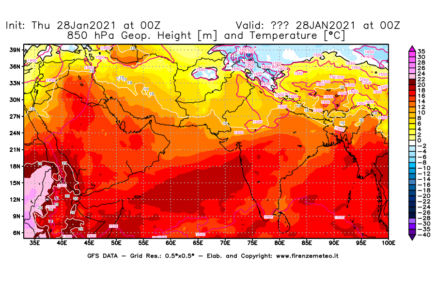 Mappa di analisi GFS - Geopotenziale [m] e Temperatura [°C] a 850 hPa in Asia Sud-Occidentale
									del 28/01/2021 00 <!--googleoff: index-->UTC<!--googleon: index-->