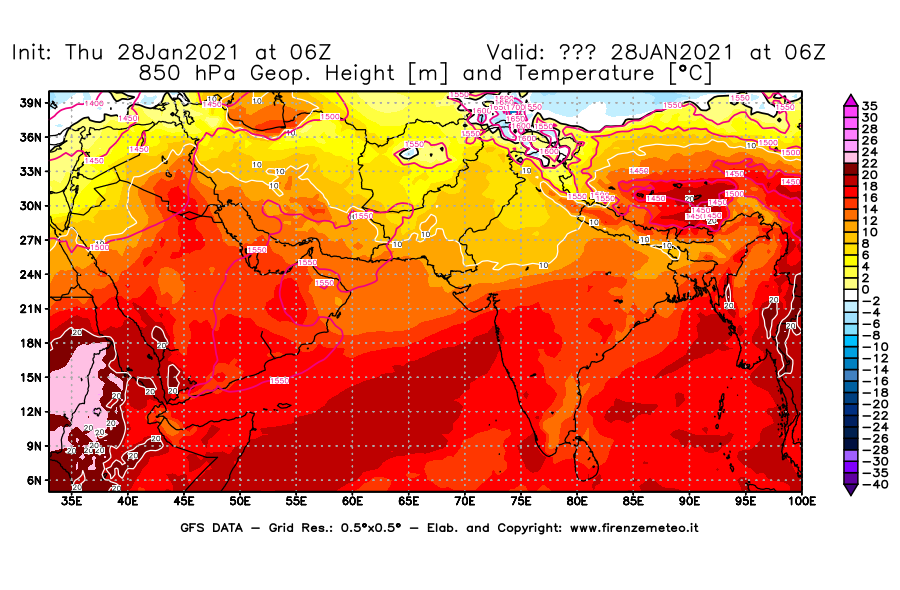 Mappa di analisi GFS - Geopotenziale [m] e Temperatura [°C] a 850 hPa in Asia Sud-Occidentale
									del 28/01/2021 06 <!--googleoff: index-->UTC<!--googleon: index-->