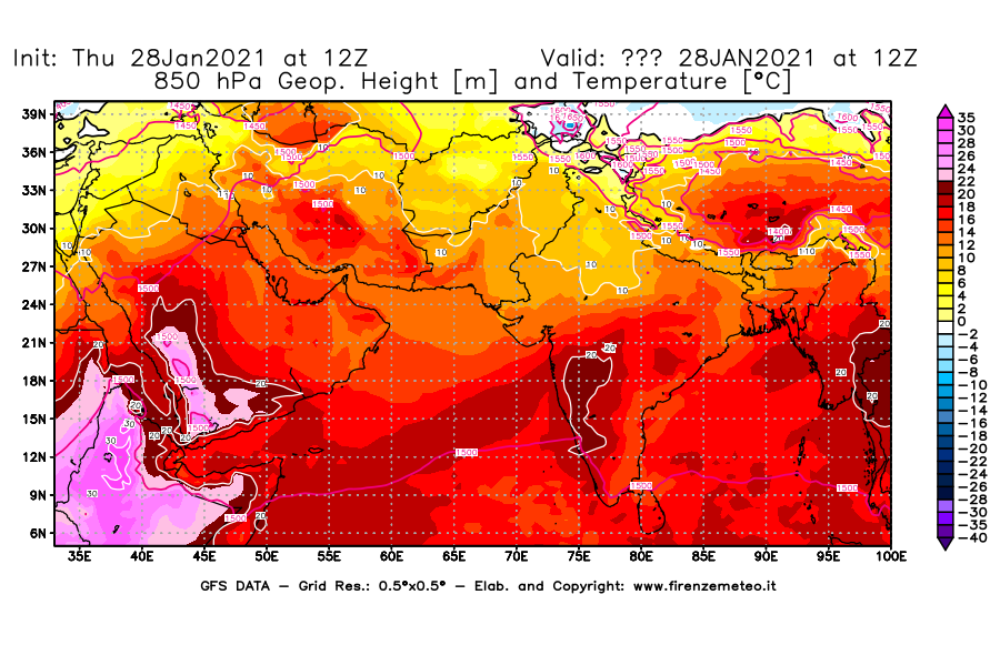 Mappa di analisi GFS - Geopotenziale [m] e Temperatura [°C] a 850 hPa in Asia Sud-Occidentale
									del 28/01/2021 12 <!--googleoff: index-->UTC<!--googleon: index-->