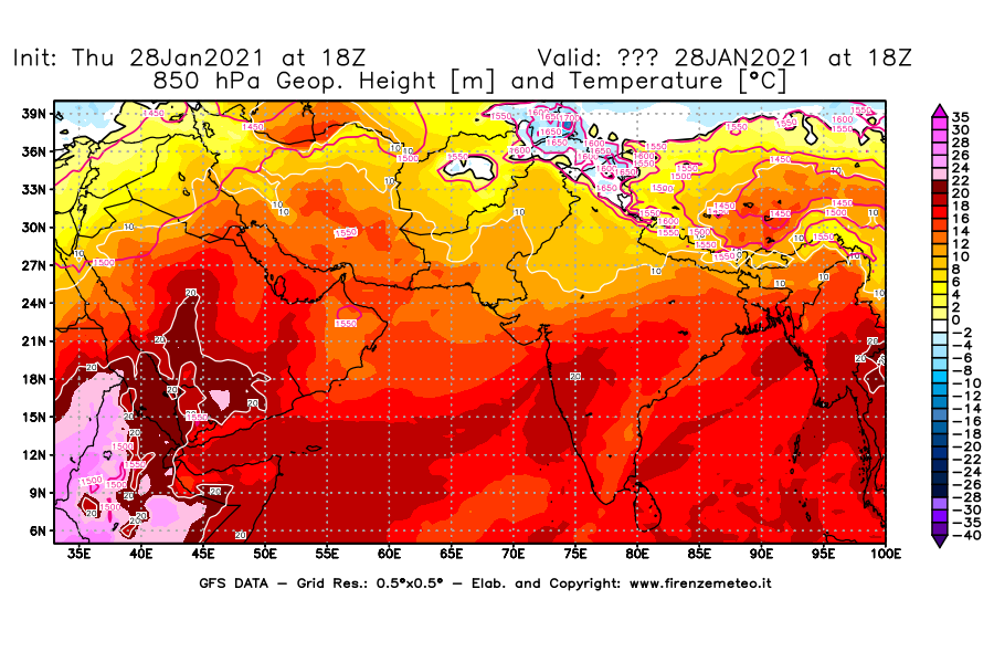 Mappa di analisi GFS - Geopotenziale [m] e Temperatura [°C] a 850 hPa in Asia Sud-Occidentale
									del 28/01/2021 18 <!--googleoff: index-->UTC<!--googleon: index-->