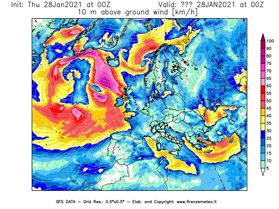 Mappa di analisi GFS - Velocità del vento a 10 metri dal suolo [km/h] in Europa
									del 28/01/2021 00 <!--googleoff: index-->UTC<!--googleon: index-->