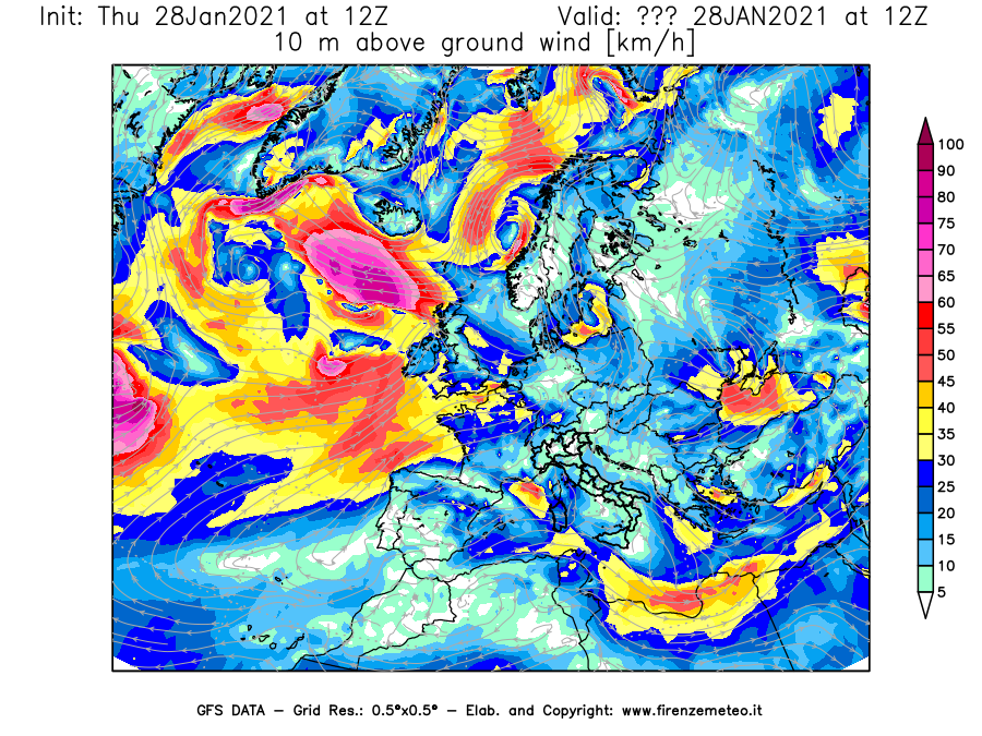 Mappa di analisi GFS - Velocità del vento a 10 metri dal suolo [km/h] in Europa
									del 28/01/2021 12 <!--googleoff: index-->UTC<!--googleon: index-->