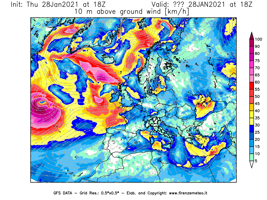 Mappa di analisi GFS - Velocità del vento a 10 metri dal suolo [km/h] in Europa
									del 28/01/2021 18 <!--googleoff: index-->UTC<!--googleon: index-->