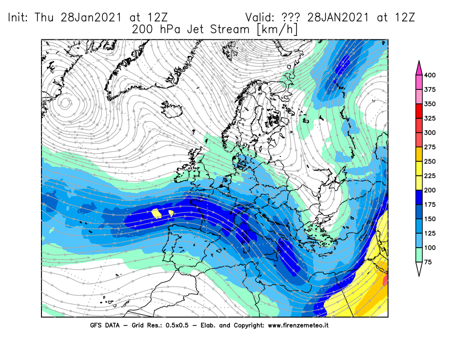 Mappa di analisi GFS - Jet Stream a 200 hPa in Europa
									del 28/01/2021 12 <!--googleoff: index-->UTC<!--googleon: index-->