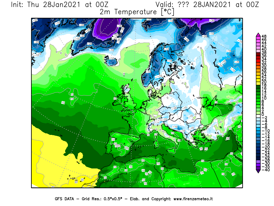 Mappa di analisi GFS - Temperatura a 2 metri dal suolo [°C] in Europa
									del 28/01/2021 00 <!--googleoff: index-->UTC<!--googleon: index-->