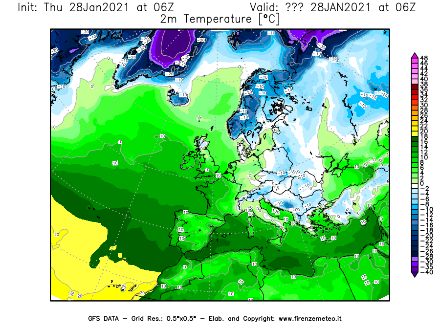 Mappa di analisi GFS - Temperatura a 2 metri dal suolo [°C] in Europa
									del 28/01/2021 06 <!--googleoff: index-->UTC<!--googleon: index-->