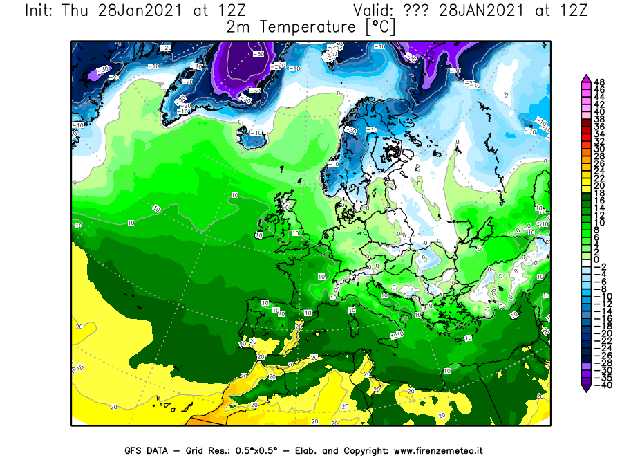 Mappa di analisi GFS - Temperatura a 2 metri dal suolo [°C] in Europa
									del 28/01/2021 12 <!--googleoff: index-->UTC<!--googleon: index-->