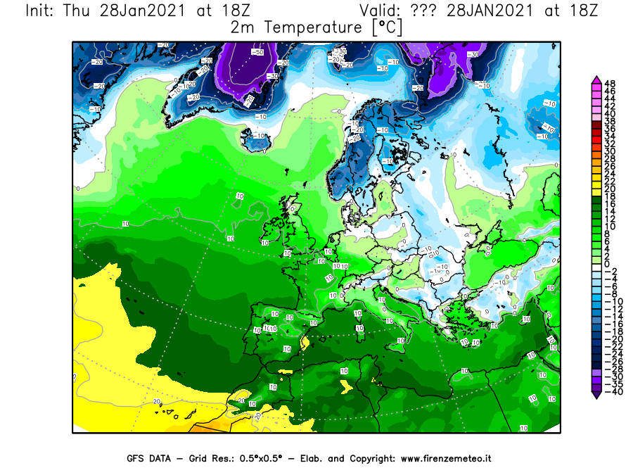 Mappa di analisi GFS - Temperatura a 2 metri dal suolo [°C] in Europa
									del 28/01/2021 18 <!--googleoff: index-->UTC<!--googleon: index-->