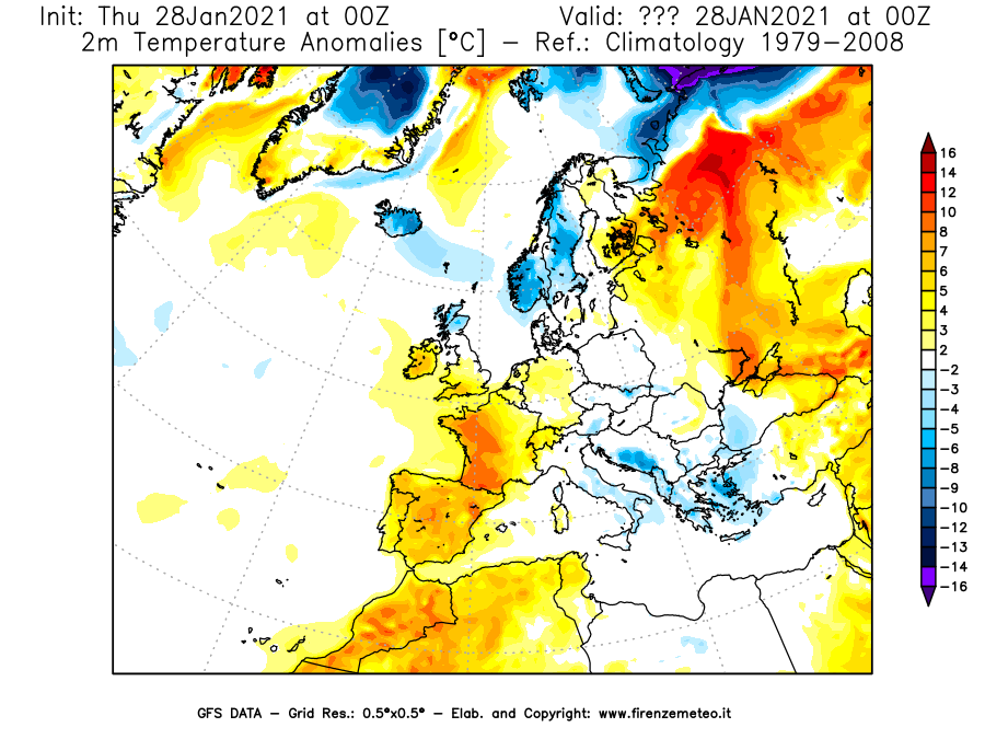 Mappa di analisi GFS - Anomalia Temperatura [°C] a 2 m in Europa
									del 28/01/2021 00 <!--googleoff: index-->UTC<!--googleon: index-->