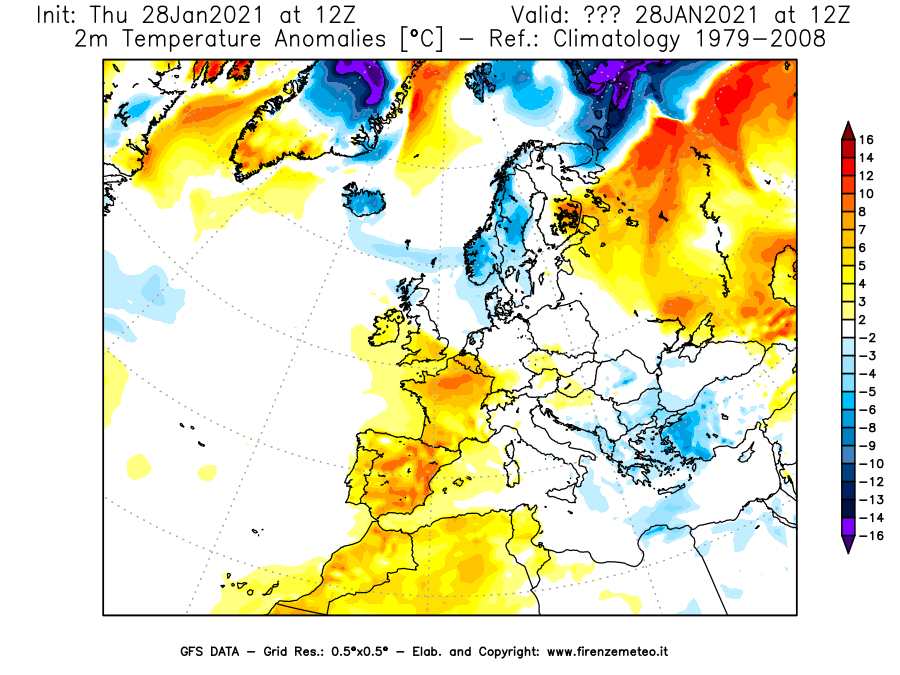 Mappa di analisi GFS - Anomalia Temperatura [°C] a 2 m in Europa
									del 28/01/2021 12 <!--googleoff: index-->UTC<!--googleon: index-->