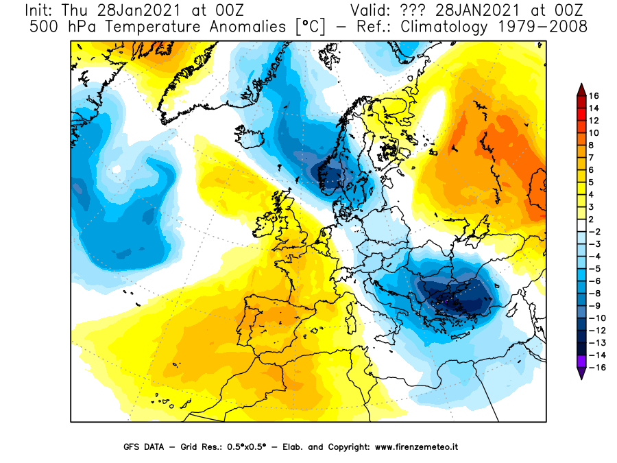 Mappa di analisi GFS - Anomalia Temperatura [°C] a 500 hPa in Europa
									del 28/01/2021 00 <!--googleoff: index-->UTC<!--googleon: index-->