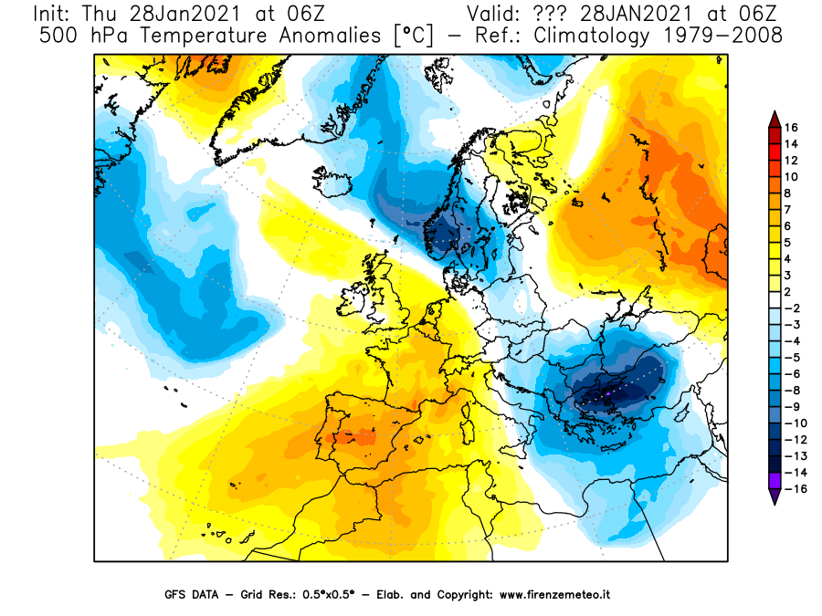 Mappa di analisi GFS - Anomalia Temperatura [°C] a 500 hPa in Europa
									del 28/01/2021 06 <!--googleoff: index-->UTC<!--googleon: index-->