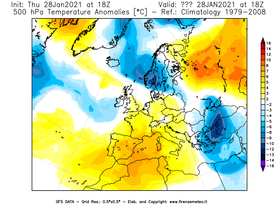 Mappa di analisi GFS - Anomalia Temperatura [°C] a 500 hPa in Europa
									del 28/01/2021 18 <!--googleoff: index-->UTC<!--googleon: index-->