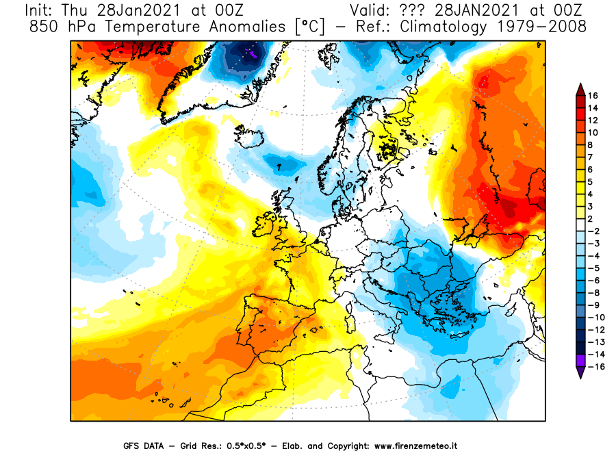 Mappa di analisi GFS - Anomalia Temperatura [°C] a 850 hPa in Europa
									del 28/01/2021 00 <!--googleoff: index-->UTC<!--googleon: index-->