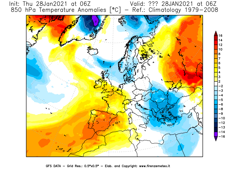 Mappa di analisi GFS - Anomalia Temperatura [°C] a 850 hPa in Europa
									del 28/01/2021 06 <!--googleoff: index-->UTC<!--googleon: index-->