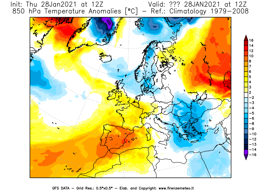Mappa di analisi GFS - Anomalia Temperatura [°C] a 850 hPa in Europa
									del 28/01/2021 12 <!--googleoff: index-->UTC<!--googleon: index-->