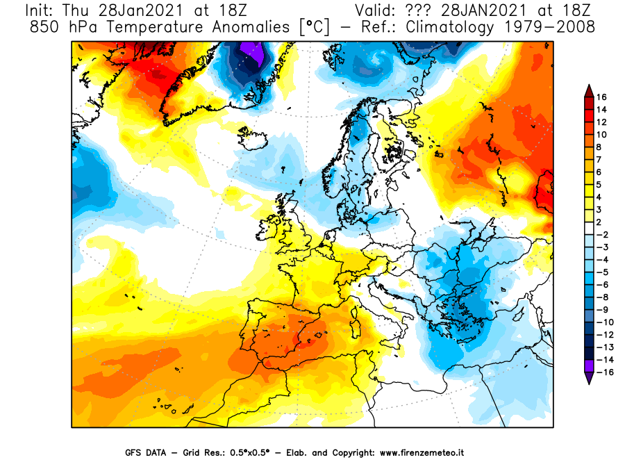 Mappa di analisi GFS - Anomalia Temperatura [°C] a 850 hPa in Europa
									del 28/01/2021 18 <!--googleoff: index-->UTC<!--googleon: index-->