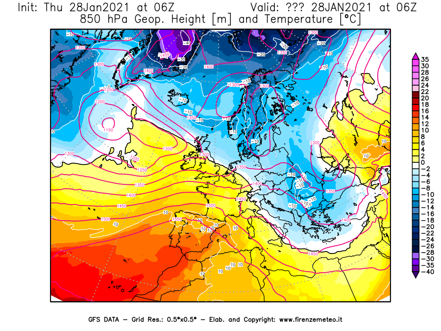 Mappa di analisi GFS - Geopotenziale [m] e Temperatura [°C] a 850 hPa in Europa
									del 28/01/2021 06 <!--googleoff: index-->UTC<!--googleon: index-->