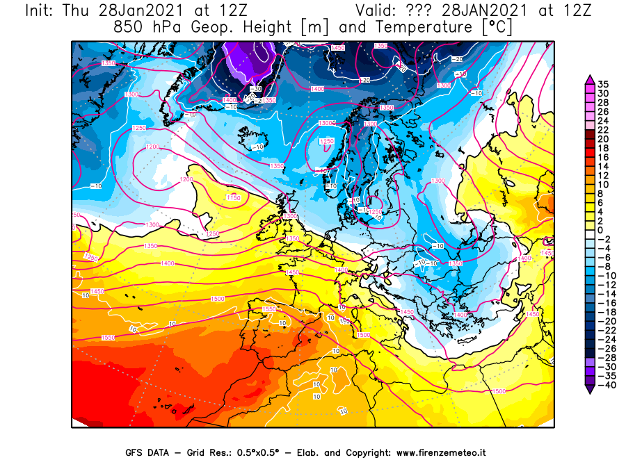 Mappa di analisi GFS - Geopotenziale [m] e Temperatura [°C] a 850 hPa in Europa
									del 28/01/2021 12 <!--googleoff: index-->UTC<!--googleon: index-->