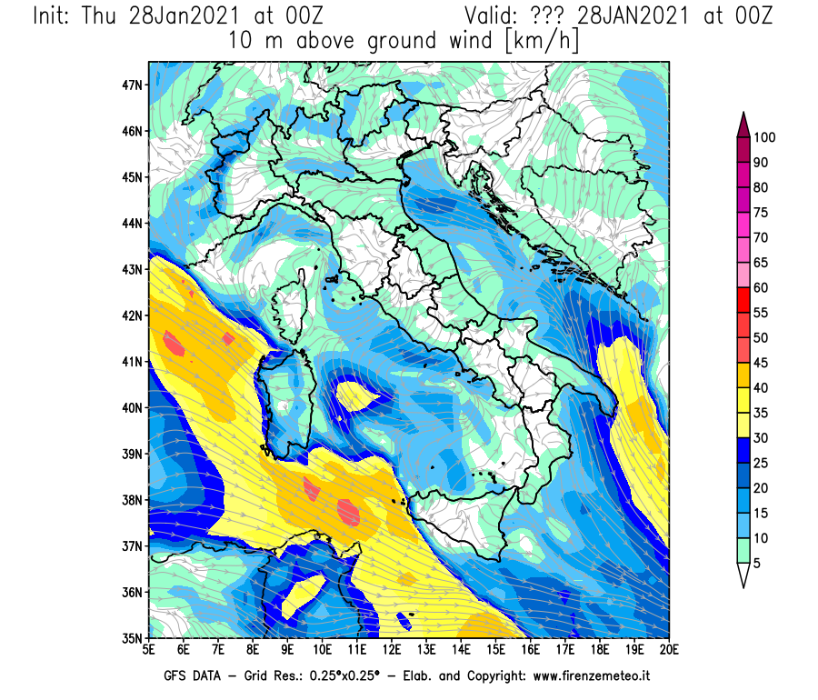 Mappa di analisi GFS - Velocità del vento a 10 metri dal suolo [km/h] in Italia
									del 28/01/2021 00 <!--googleoff: index-->UTC<!--googleon: index-->