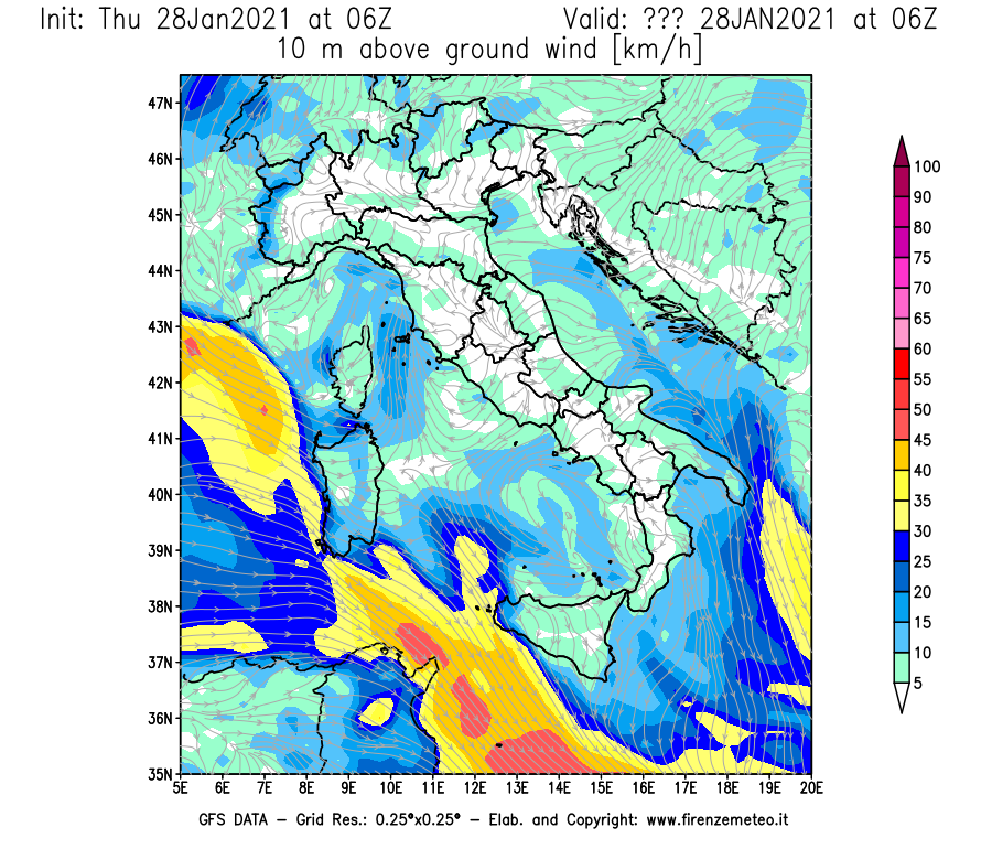 Mappa di analisi GFS - Velocità del vento a 10 metri dal suolo [km/h] in Italia
									del 28/01/2021 06 <!--googleoff: index-->UTC<!--googleon: index-->