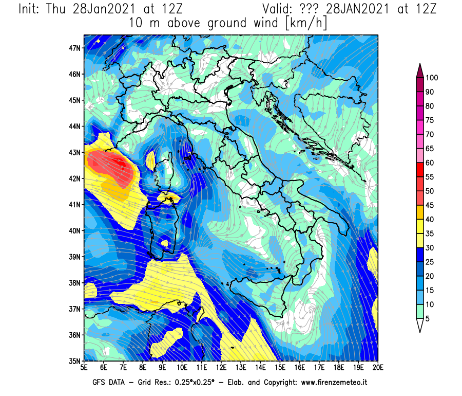 Mappa di analisi GFS - Velocità del vento a 10 metri dal suolo [km/h] in Italia
									del 28/01/2021 12 <!--googleoff: index-->UTC<!--googleon: index-->