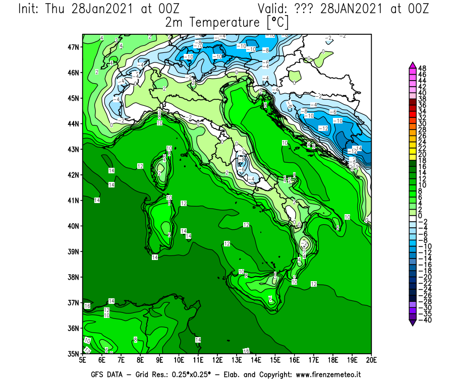 Mappa di analisi GFS - Temperatura a 2 metri dal suolo [°C] in Italia
									del 28/01/2021 00 <!--googleoff: index-->UTC<!--googleon: index-->