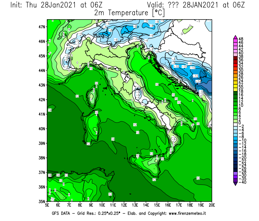 Mappa di analisi GFS - Temperatura a 2 metri dal suolo [°C] in Italia
									del 28/01/2021 06 <!--googleoff: index-->UTC<!--googleon: index-->
