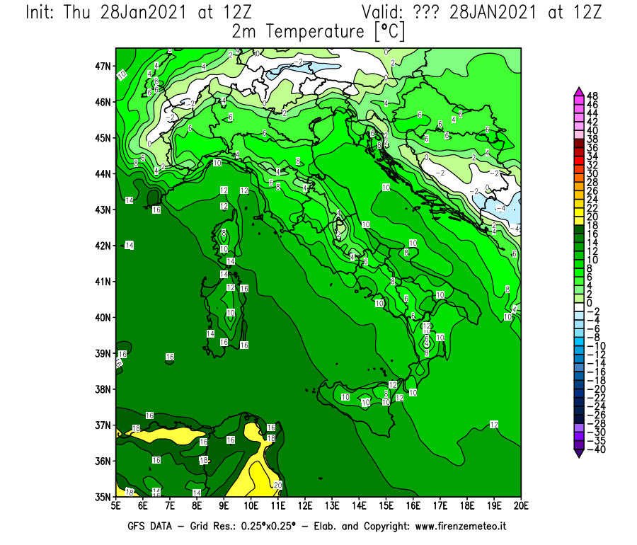 Mappa di analisi GFS - Temperatura a 2 metri dal suolo [°C] in Italia
									del 28/01/2021 12 <!--googleoff: index-->UTC<!--googleon: index-->