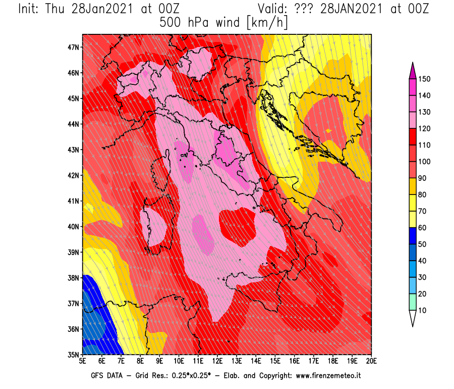 Mappa di analisi GFS - Velocità del vento a 500 hPa [km/h] in Italia
									del 28/01/2021 00 <!--googleoff: index-->UTC<!--googleon: index-->