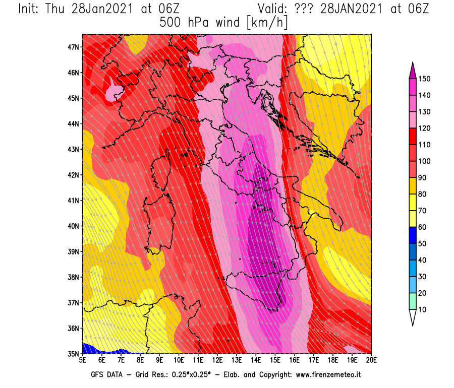 Mappa di analisi GFS - Velocità del vento a 500 hPa [km/h] in Italia
									del 28/01/2021 06 <!--googleoff: index-->UTC<!--googleon: index-->