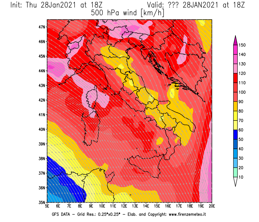 Mappa di analisi GFS - Velocità del vento a 500 hPa [km/h] in Italia
									del 28/01/2021 18 <!--googleoff: index-->UTC<!--googleon: index-->