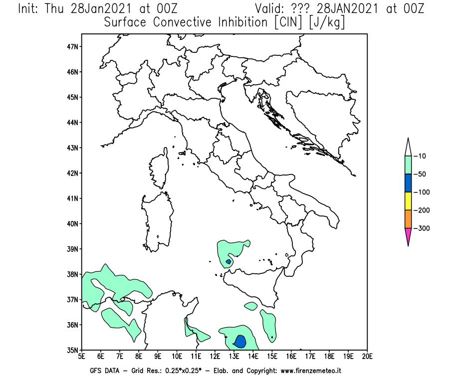 Mappa di analisi GFS - CIN [J/kg] in Italia
									del 28/01/2021 00 <!--googleoff: index-->UTC<!--googleon: index-->