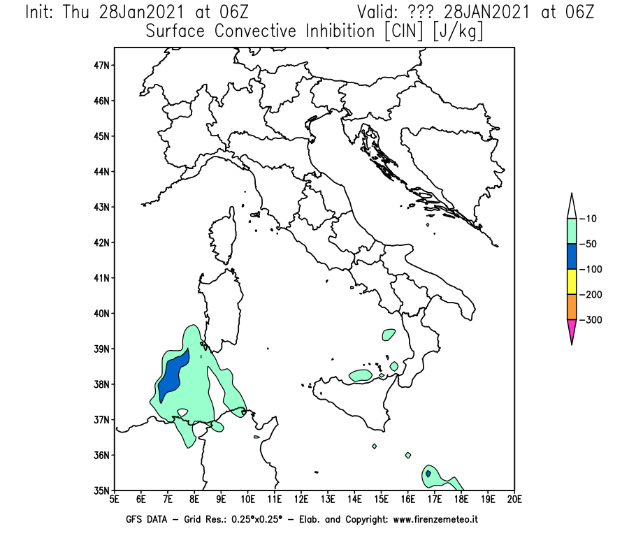 Mappa di analisi GFS - CIN [J/kg] in Italia
									del 28/01/2021 06 <!--googleoff: index-->UTC<!--googleon: index-->