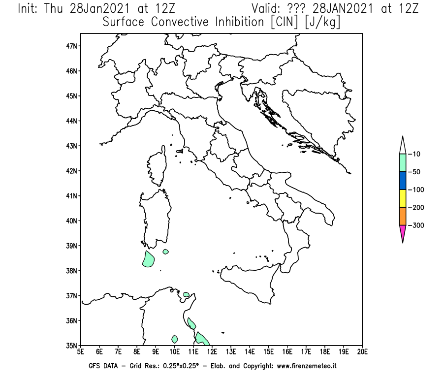 Mappa di analisi GFS - CIN [J/kg] in Italia
									del 28/01/2021 12 <!--googleoff: index-->UTC<!--googleon: index-->