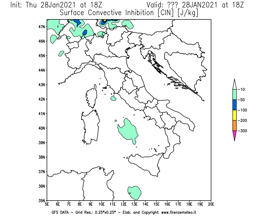 Mappa di analisi GFS - CIN [J/kg] in Italia
									del 28/01/2021 18 <!--googleoff: index-->UTC<!--googleon: index-->