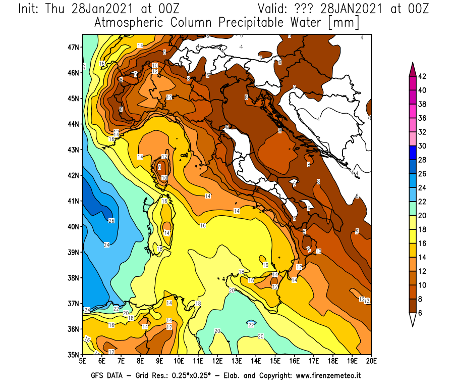 Mappa di analisi GFS - Precipitable Water [mm] in Italia
									del 28/01/2021 00 <!--googleoff: index-->UTC<!--googleon: index-->
