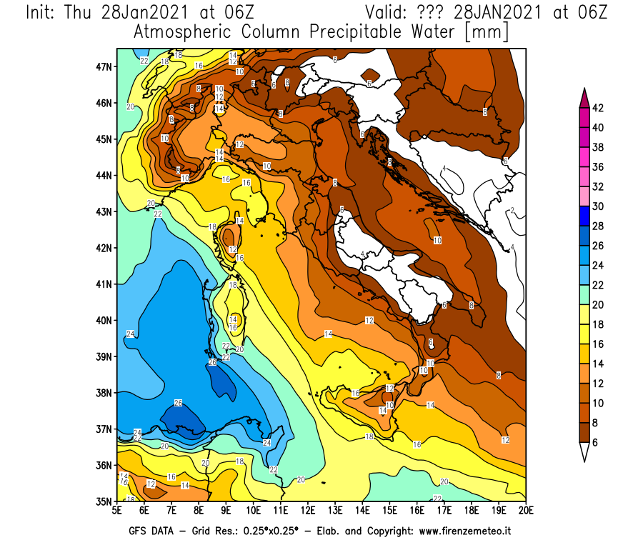 Mappa di analisi GFS - Precipitable Water [mm] in Italia
									del 28/01/2021 06 <!--googleoff: index-->UTC<!--googleon: index-->