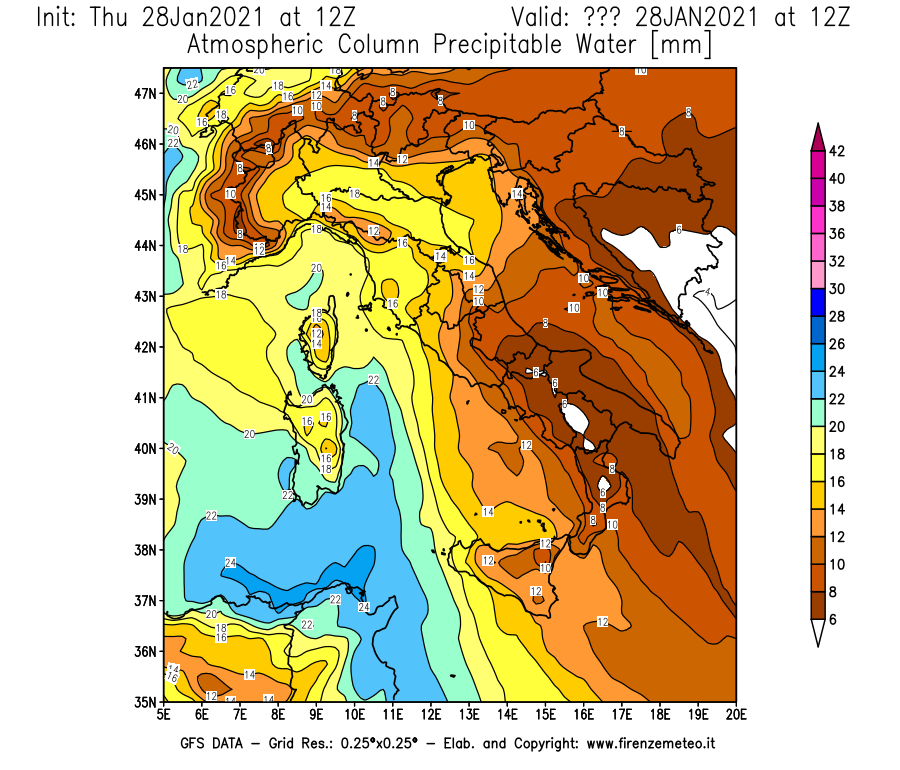 Mappa di analisi GFS - Precipitable Water [mm] in Italia
									del 28/01/2021 12 <!--googleoff: index-->UTC<!--googleon: index-->