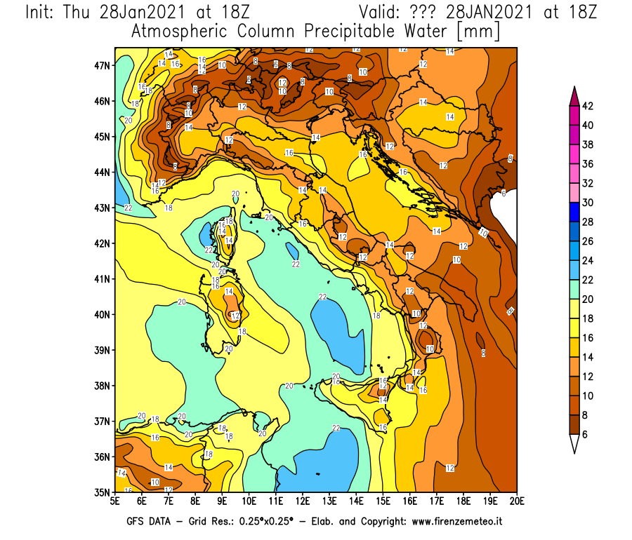 Mappa di analisi GFS - Precipitable Water [mm] in Italia
									del 28/01/2021 18 <!--googleoff: index-->UTC<!--googleon: index-->