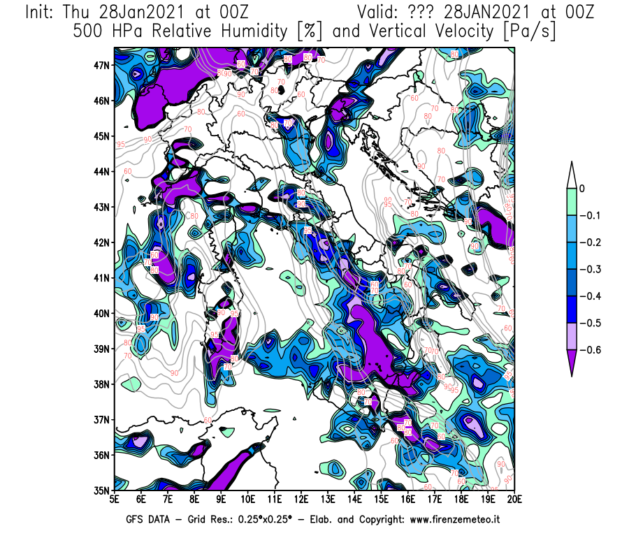 Mappa di analisi GFS - Umidità relativa [%] e Omega [Pa/s] a 500 hPa in Italia
									del 28/01/2021 00 <!--googleoff: index-->UTC<!--googleon: index-->