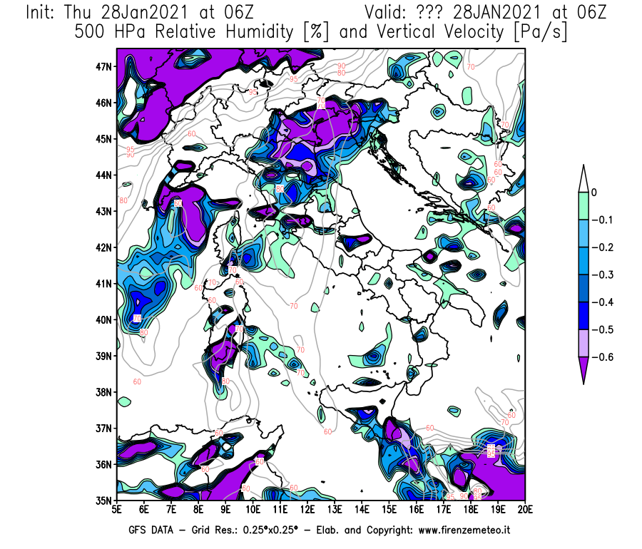 Mappa di analisi GFS - Umidità relativa [%] e Omega [Pa/s] a 500 hPa in Italia
									del 28/01/2021 06 <!--googleoff: index-->UTC<!--googleon: index-->