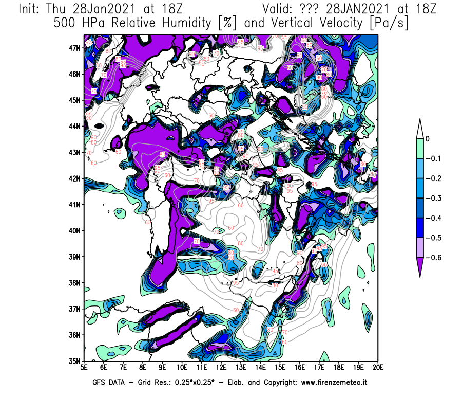 Mappa di analisi GFS - Umidità relativa [%] e Omega [Pa/s] a 500 hPa in Italia
									del 28/01/2021 18 <!--googleoff: index-->UTC<!--googleon: index-->