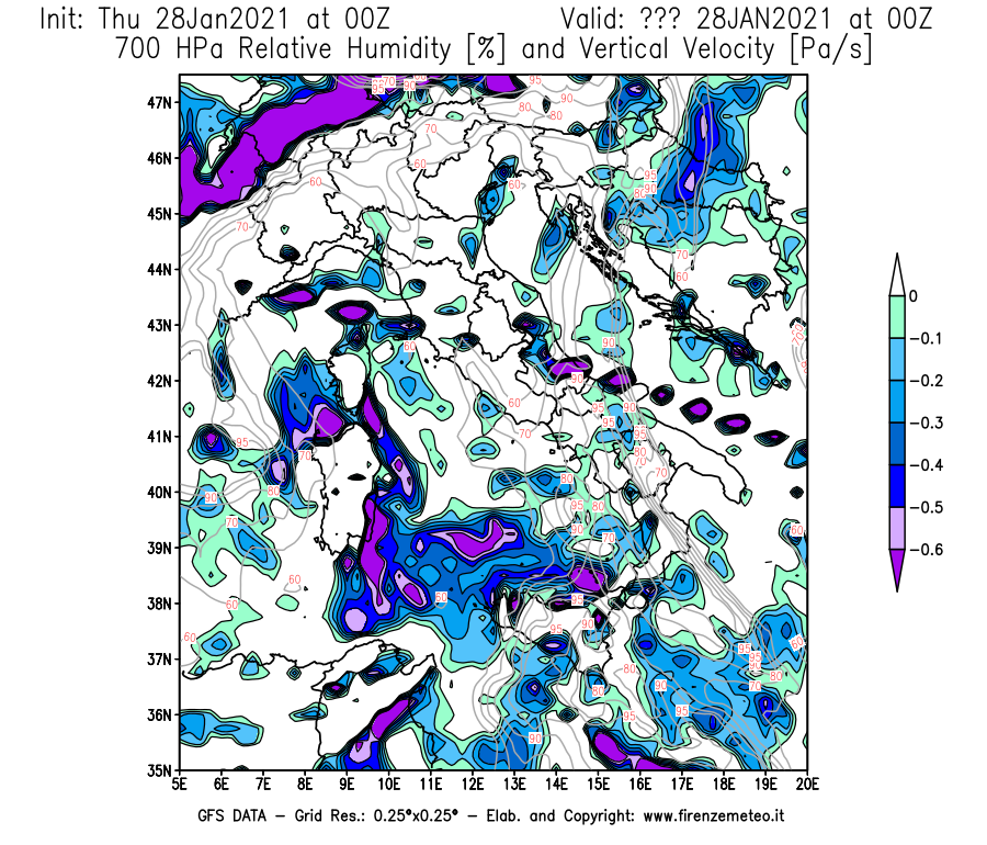 Mappa di analisi GFS - Umidità relativa [%] e Omega [Pa/s] a 700 hPa in Italia
									del 28/01/2021 00 <!--googleoff: index-->UTC<!--googleon: index-->