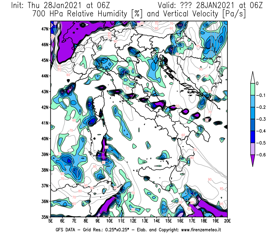 Mappa di analisi GFS - Umidità relativa [%] e Omega [Pa/s] a 700 hPa in Italia
									del 28/01/2021 06 <!--googleoff: index-->UTC<!--googleon: index-->