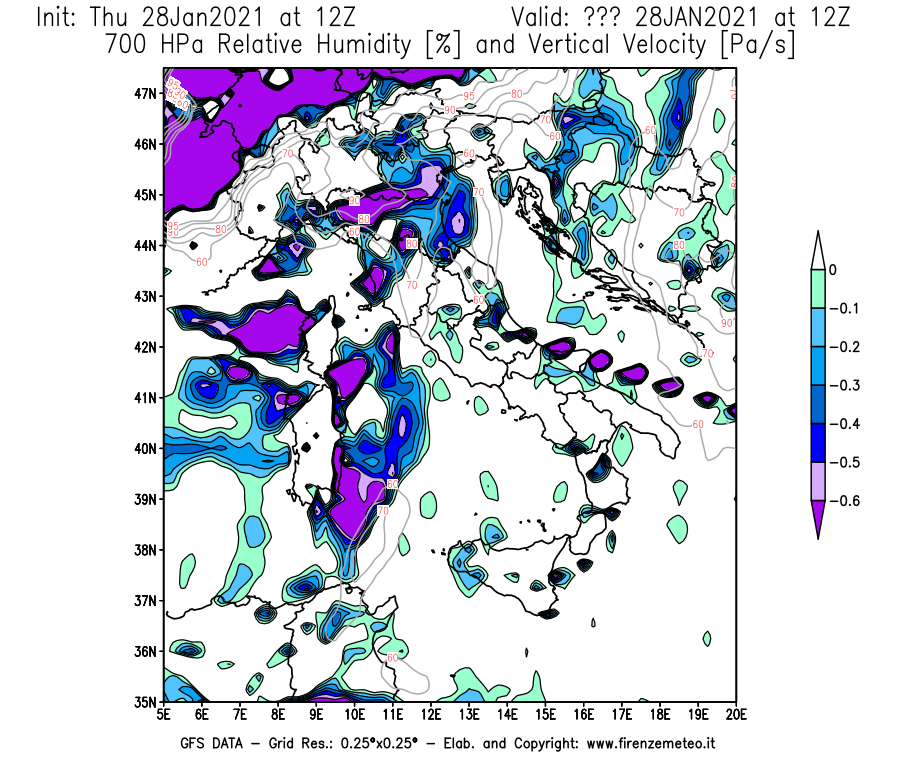 Mappa di analisi GFS - Umidità relativa [%] e Omega [Pa/s] a 700 hPa in Italia
									del 28/01/2021 12 <!--googleoff: index-->UTC<!--googleon: index-->