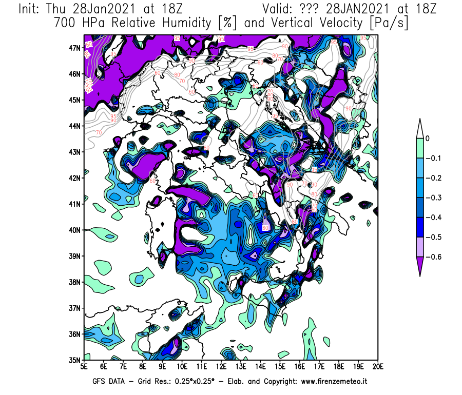 Mappa di analisi GFS - Umidità relativa [%] e Omega [Pa/s] a 700 hPa in Italia
									del 28/01/2021 18 <!--googleoff: index-->UTC<!--googleon: index-->