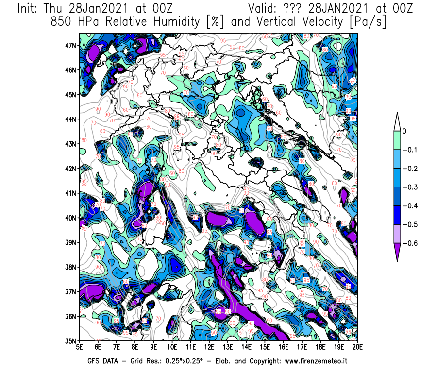 Mappa di analisi GFS - Umidità relativa [%] e Omega [Pa/s] a 850 hPa in Italia
									del 28/01/2021 00 <!--googleoff: index-->UTC<!--googleon: index-->
